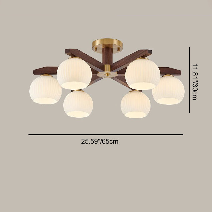 Traditional Chinese Copper Wood Glass Branch Globe Cylinder 5/6/8/10 Light Semi-Flush Mount Ceiling Light For Living Room