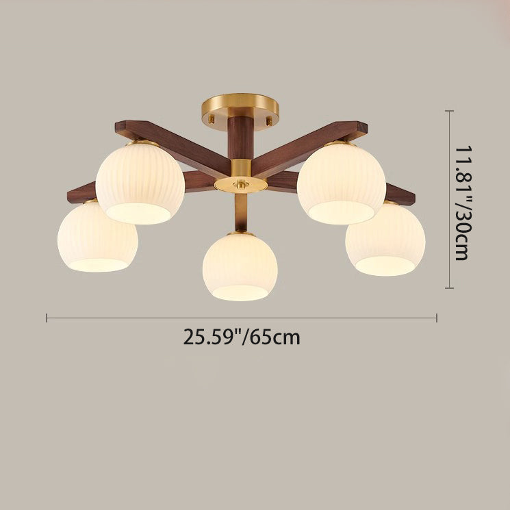 Traditional Chinese Copper Wood Glass Branch Globe Cylinder 5/6/8/10 Light Semi-Flush Mount Ceiling Light For Living Room