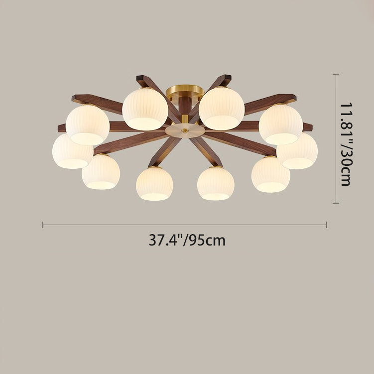 Traditional Chinese Copper Wood Glass Branch Globe Cylinder 5/6/8/10 Light Semi-Flush Mount Ceiling Light For Living Room