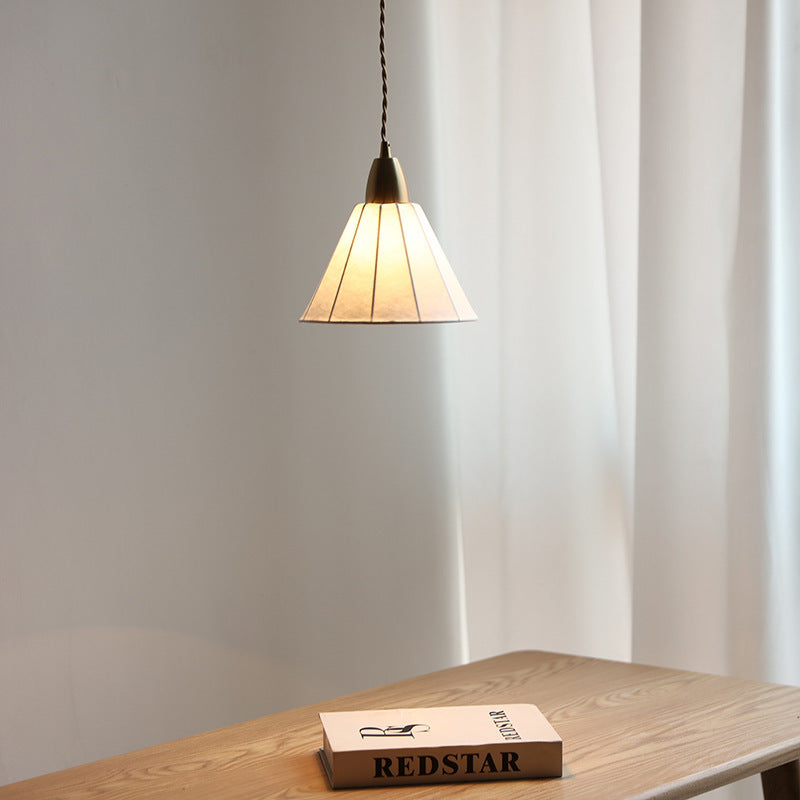 Traditional Japanese Brass Silk Cone 1-Light Pendant Light For Living Room