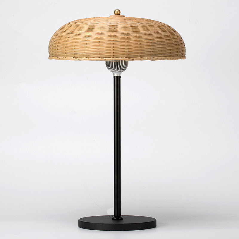 Modern Art Deco Iron & Bamboo Round Hat-Shaped LED Table Lamp For Bedroom