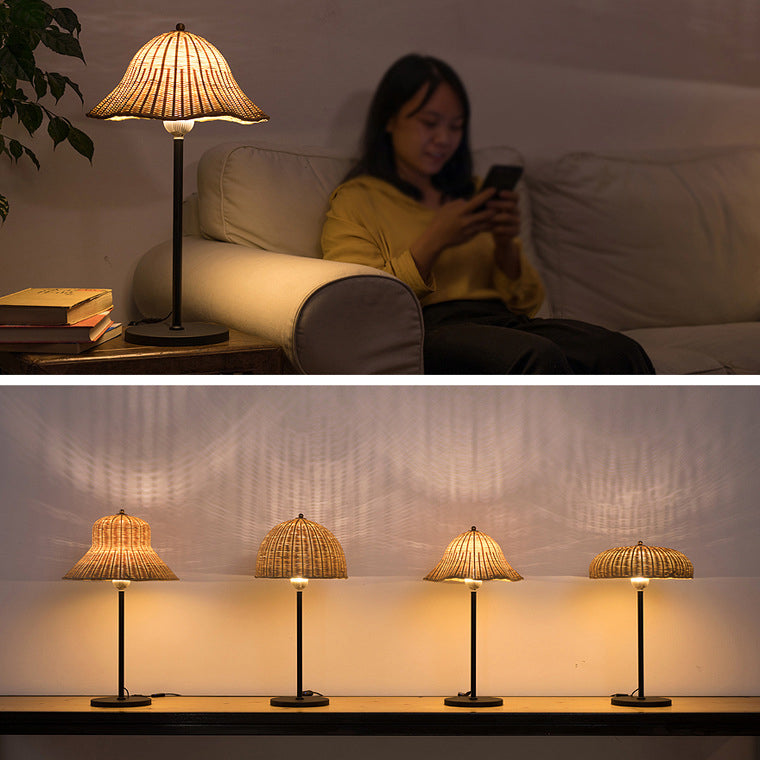 Modern Art Deco Iron & Bamboo Round Hat-Shaped LED Table Lamp For Bedroom