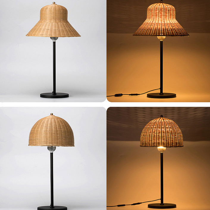 Modern Art Deco Iron & Bamboo Round Hat-Shaped LED Table Lamp For Bedroom