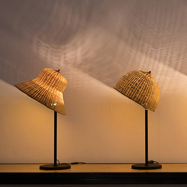 Modern Art Deco Iron & Bamboo Round Hat-Shaped LED Table Lamp For Bedroom