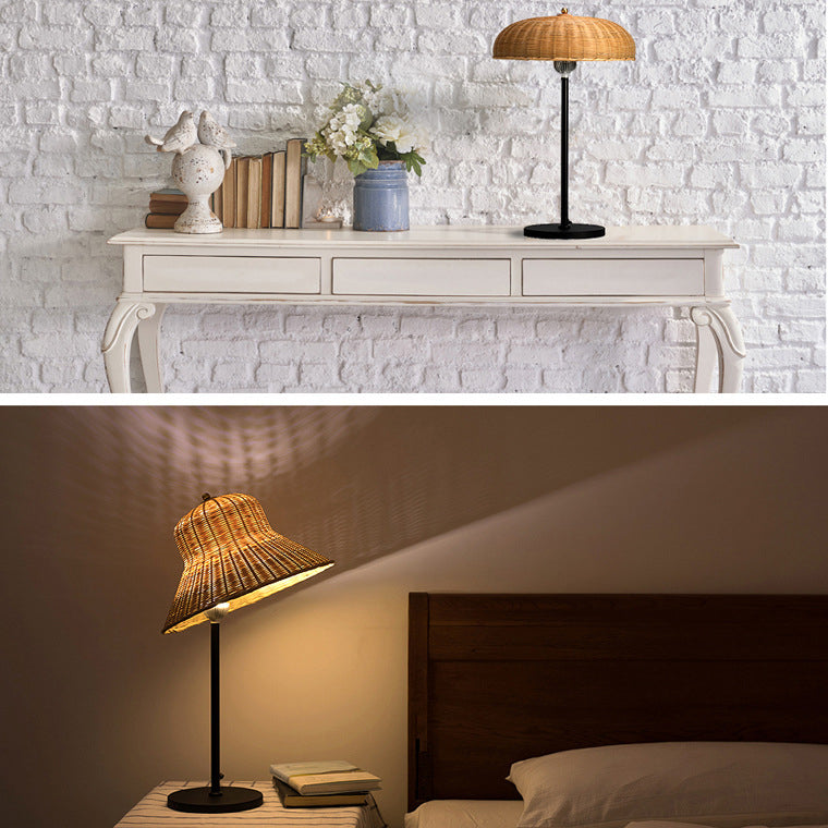 Modern Art Deco Iron & Bamboo Round Hat-Shaped LED Table Lamp For Bedroom