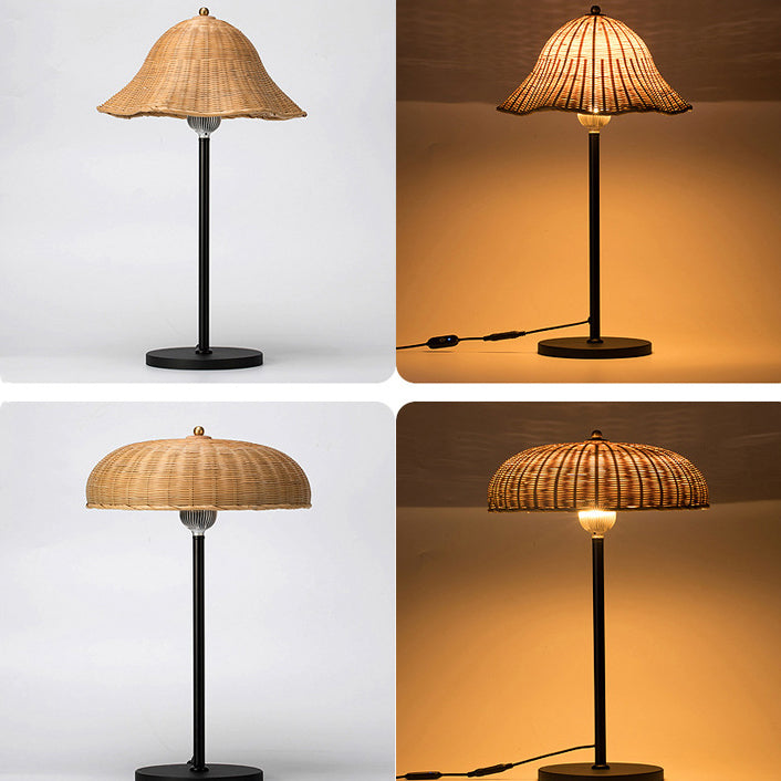 Modern Art Deco Iron & Bamboo Round Hat-Shaped LED Table Lamp For Bedroom