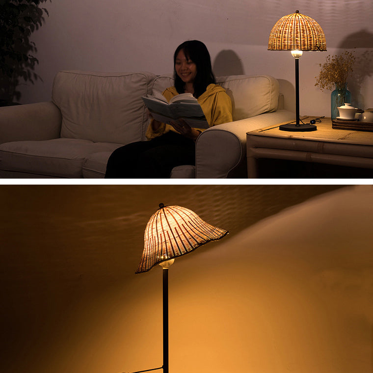 Modern Art Deco Iron & Bamboo Round Hat-Shaped LED Table Lamp For Bedroom