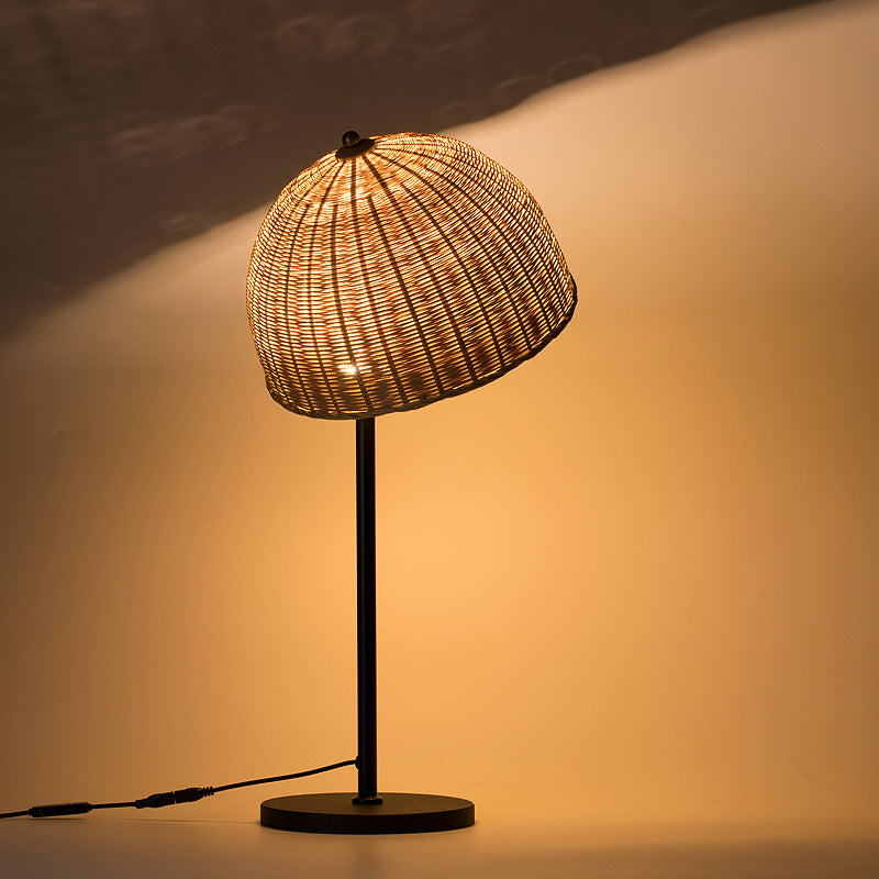 Modern Art Deco Iron & Bamboo Round Hat-Shaped LED Table Lamp For Bedroom
