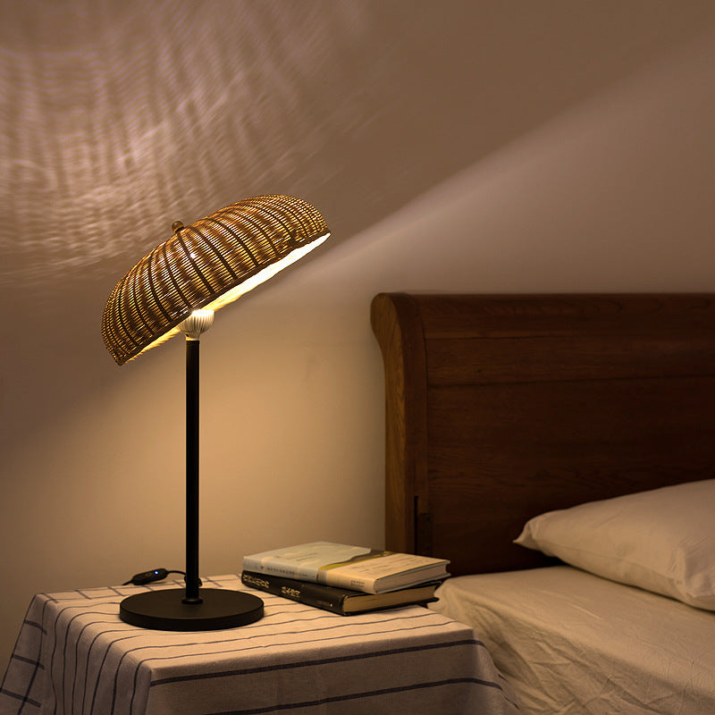 Modern Art Deco Iron & Bamboo Round Hat-Shaped LED Table Lamp For Bedroom