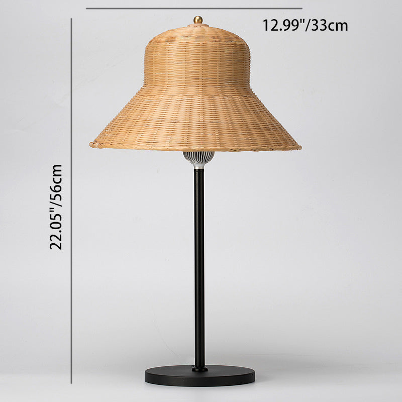 Modern Art Deco Iron & Bamboo Round Hat-Shaped LED Table Lamp For Bedroom
