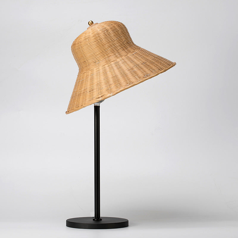Modern Art Deco Iron & Bamboo Round Hat-Shaped LED Table Lamp For Bedroom