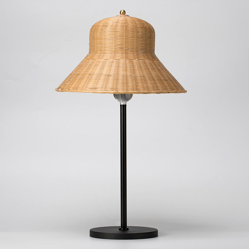 Modern Art Deco Iron & Bamboo Round Hat-Shaped LED Table Lamp For Bedroom
