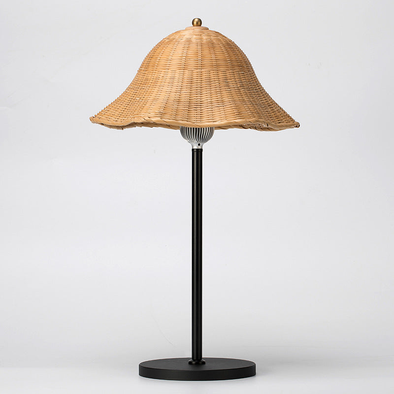 Modern Art Deco Iron & Bamboo Round Hat-Shaped LED Table Lamp For Bedroom