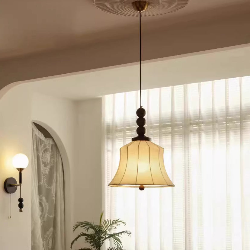 Modern Mid-Century Wood & Fabric Round Floral 1-Light Pendant Light For Living Room