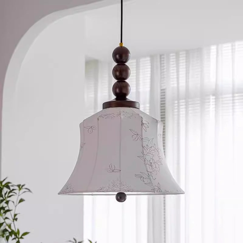 Modern Mid-Century Wood & Fabric Round Floral 1-Light Pendant Light For Living Room