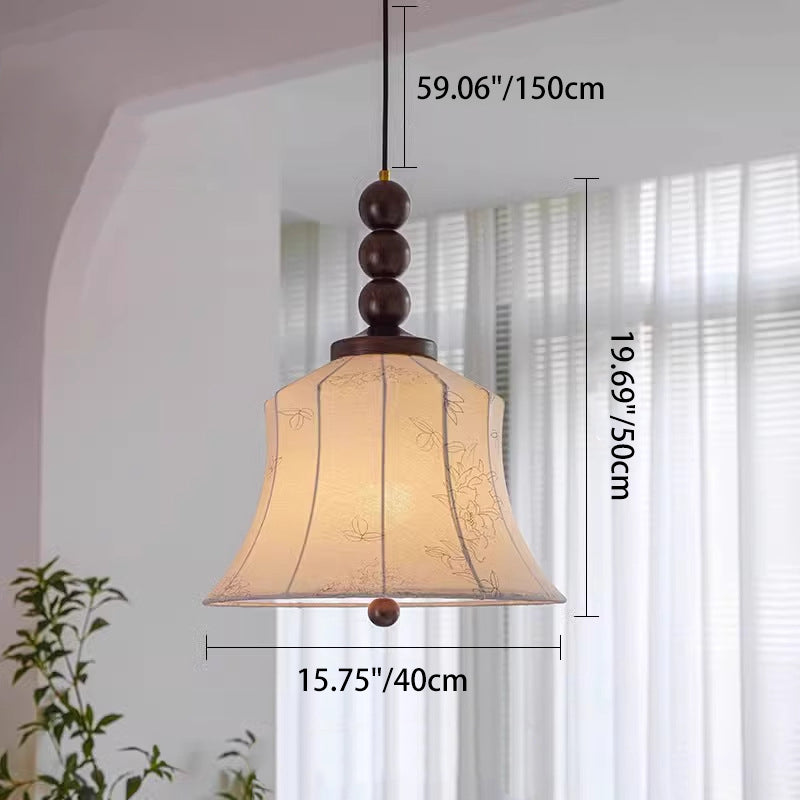 Modern Mid-Century Wood & Fabric Round Floral 1-Light Pendant Light For Living Room
