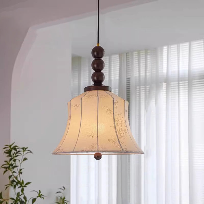 Modern Mid-Century Wood & Fabric Round Floral 1-Light Pendant Light For Living Room