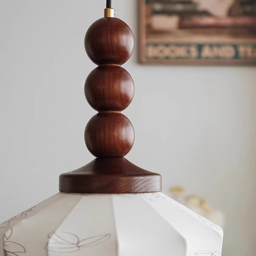 Modern Mid-Century Wood & Fabric Round Floral 1-Light Pendant Light For Living Room