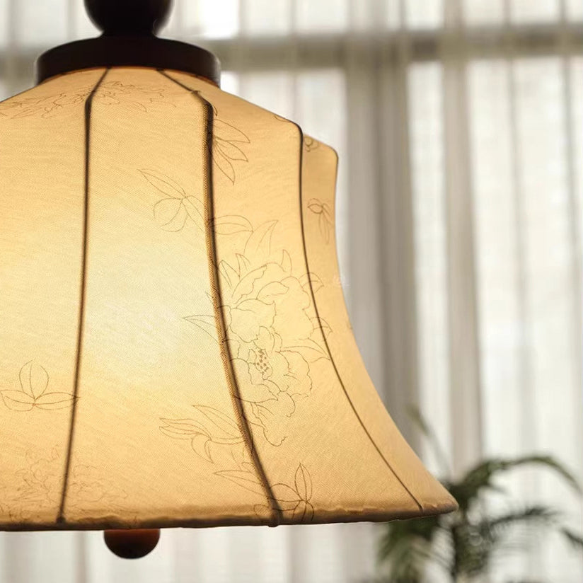 Modern Mid-Century Wood & Fabric Round Floral 1-Light Pendant Light For Living Room