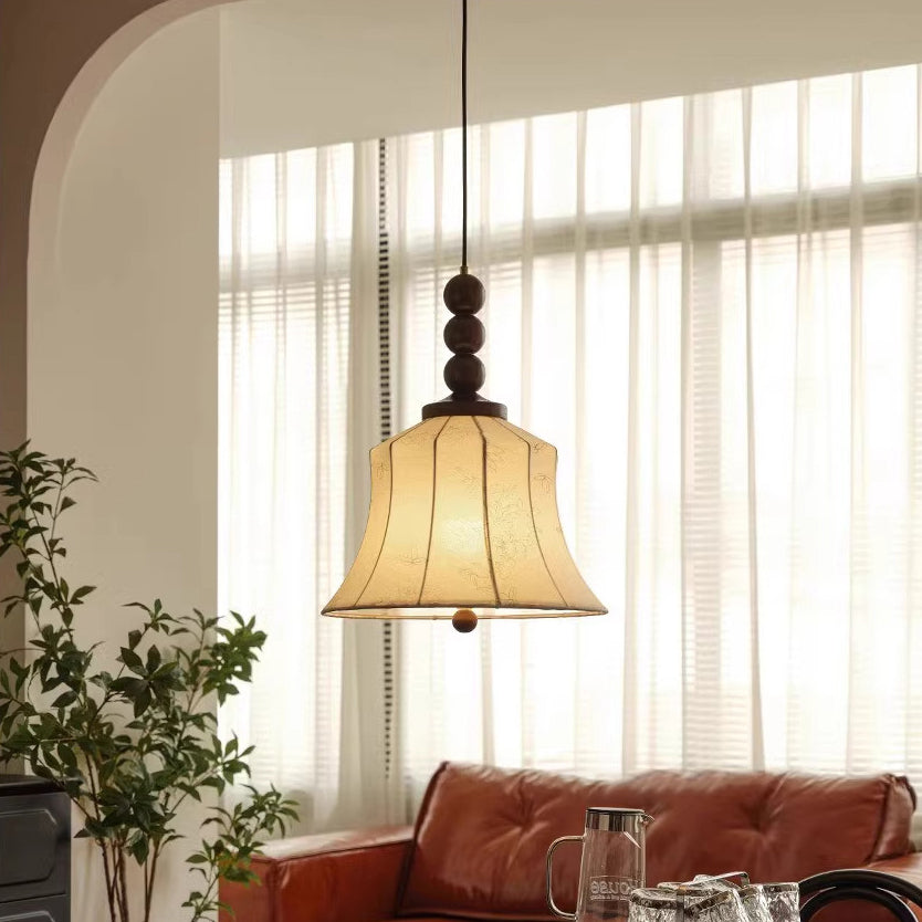 Modern Mid-Century Wood & Fabric Round Floral 1-Light Pendant Light For Living Room
