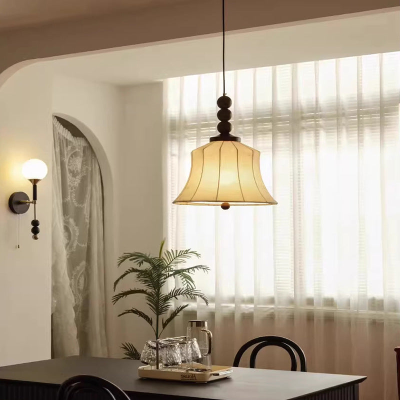 Modern Mid-Century Wood & Fabric Round Floral 1-Light Pendant Light For Living Room