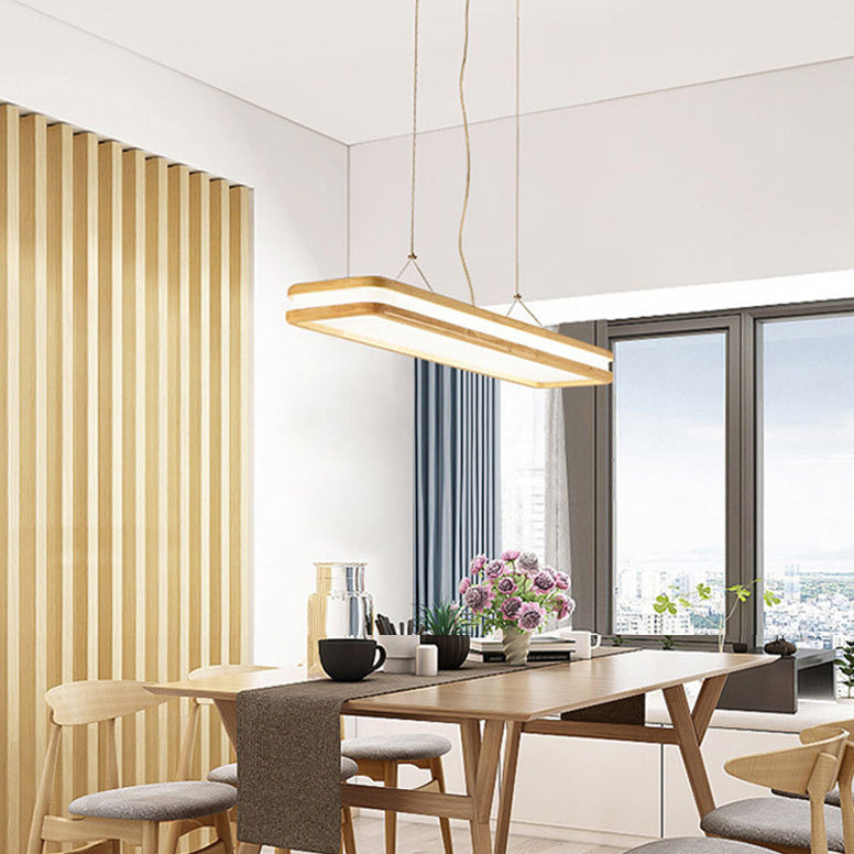 Traditional Japanese Wood Acrylic Rectangular LED Island Light Chandelier For Dining Room
