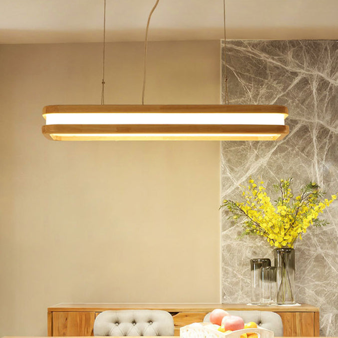 Traditional Japanese Wood Acrylic Rectangular LED Island Light Chandelier For Dining Room