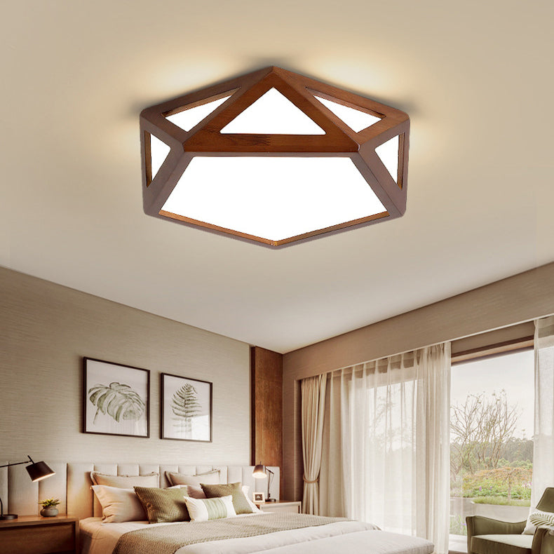 Traditional Chinese Solid Wood & Acrylic Hexagonal LED Flush Mount Ceiling Light For Bedroom