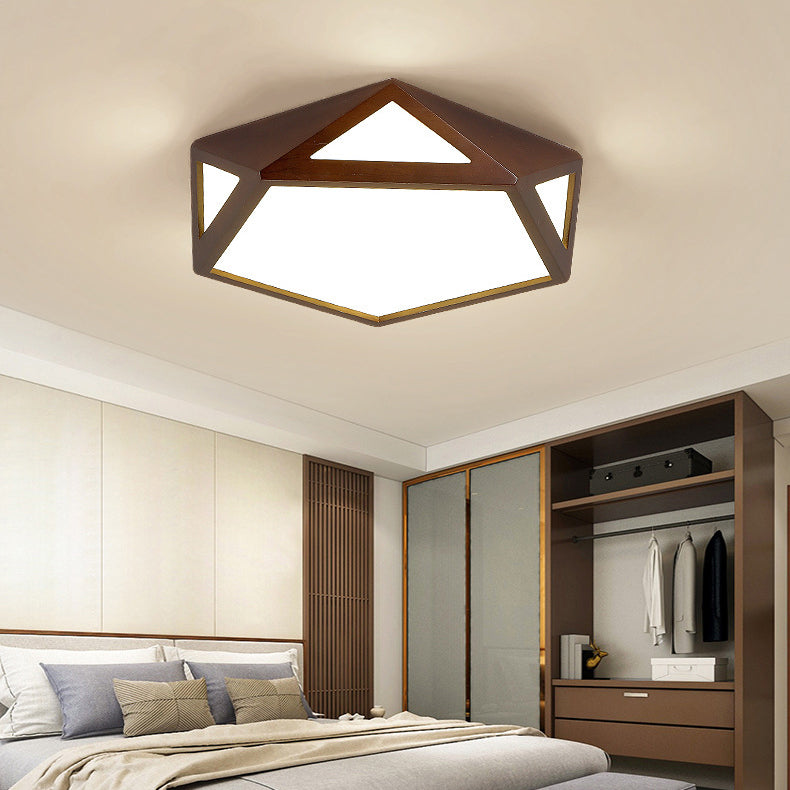 Traditional Chinese Solid Wood & Acrylic Hexagonal LED Flush Mount Ceiling Light For Bedroom