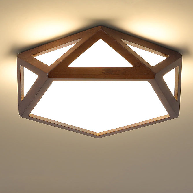 Traditional Chinese Solid Wood & Acrylic Hexagonal LED Flush Mount Ceiling Light For Bedroom