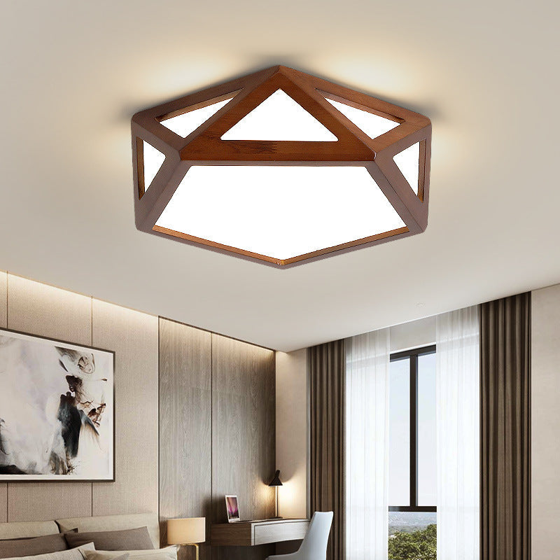 Traditional Chinese Solid Wood & Acrylic Hexagonal LED Flush Mount Ceiling Light For Bedroom