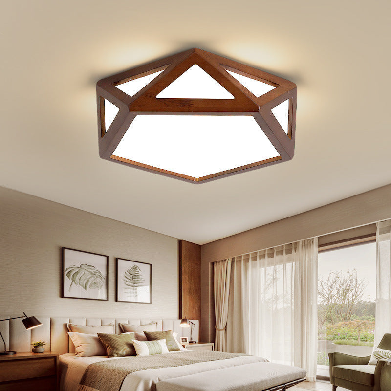 Traditional Chinese Solid Wood & Acrylic Hexagonal LED Flush Mount Ceiling Light For Bedroom