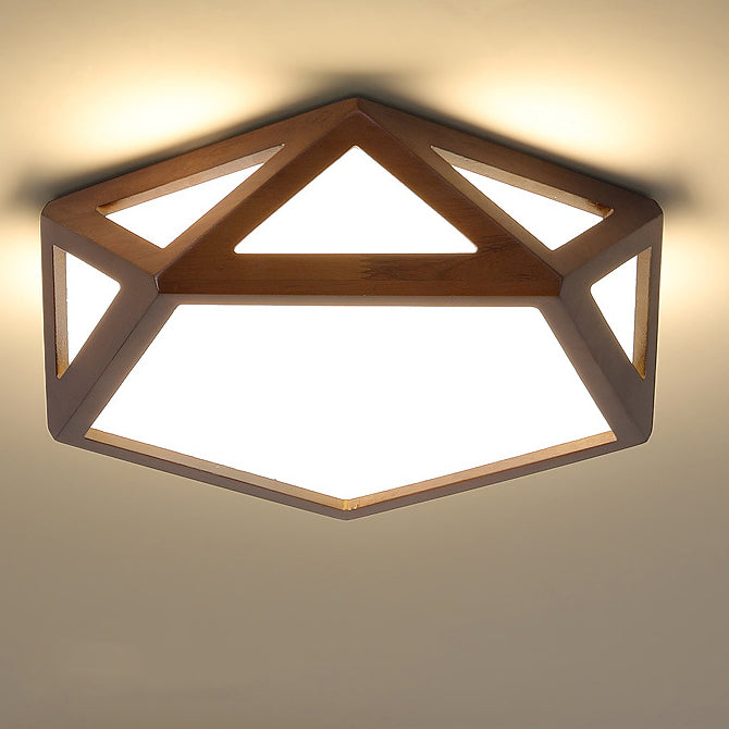 Traditional Chinese Solid Wood & Acrylic Hexagonal LED Flush Mount Ceiling Light For Bedroom