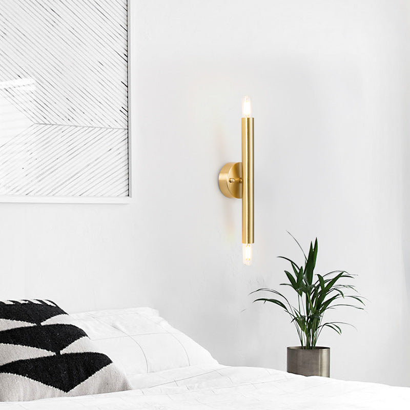 Contemporary Nordic Brass Cylindrical Up & Down 2-Light Wall Sconce Lamp For Bedroom