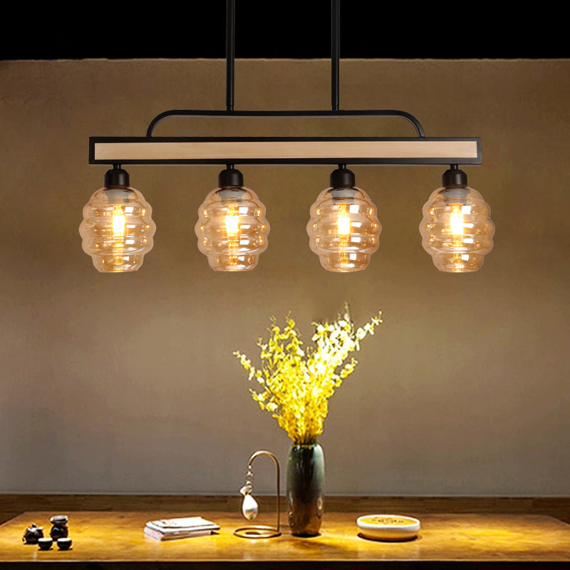 Contemporary Creative Iron Wood Glass Honey-Jar Shape 3/4-Light Island Light Chandelier For Dining Room