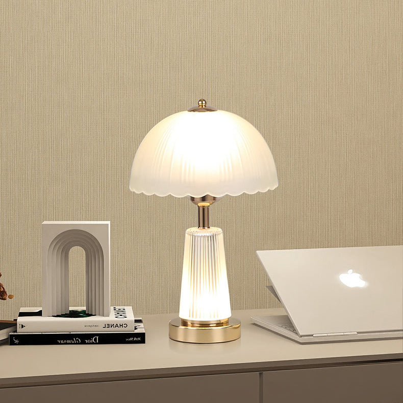 Modern Minimalist Metal Acrylic Glass Striped Cylinder Base Dome Flower 1-Light Table Lamp For Bedroom