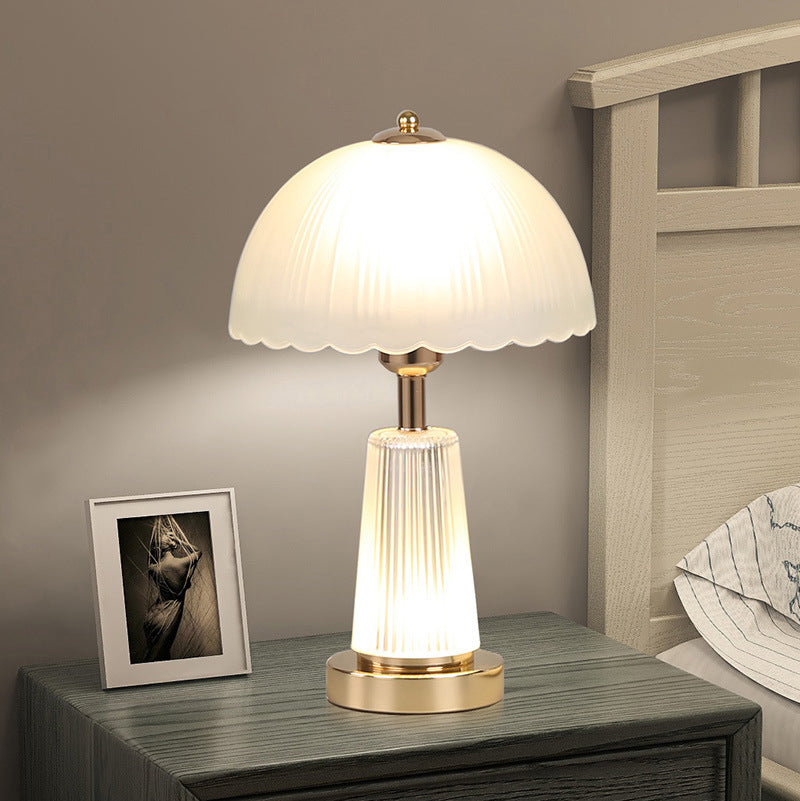 Modern Minimalist Metal Acrylic Glass Striped Cylinder Base Dome Flower 1-Light Table Lamp For Bedroom