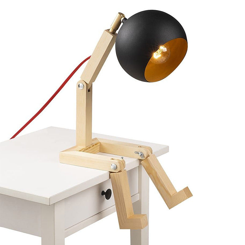 Contemporary Nordic Wood & Iron Wooden Man Round 1-Light Table Lamp For Bedroom