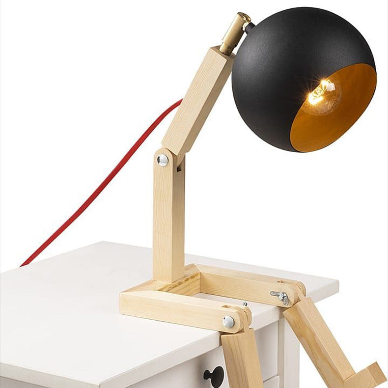 Contemporary Nordic Wood & Iron Wooden Man Round 1-Light Table Lamp For Bedroom
