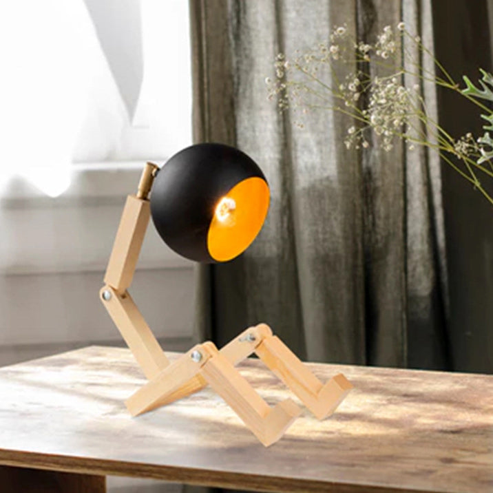 Contemporary Nordic Wood & Iron Wooden Man Round 1-Light Table Lamp For Bedroom