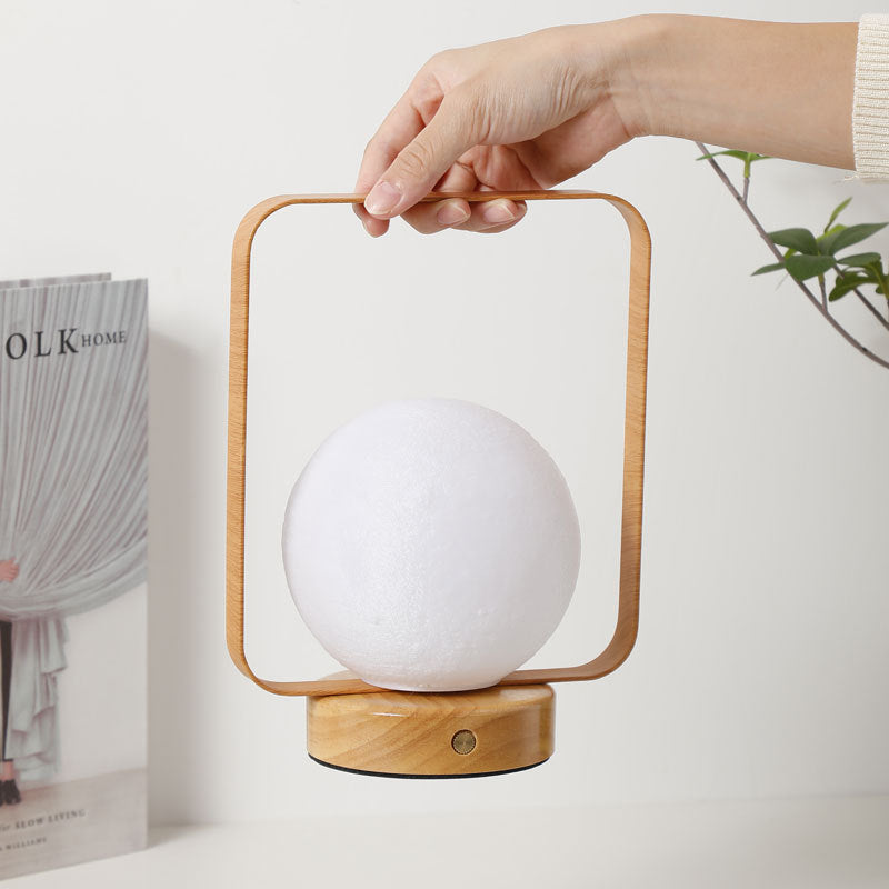 Modern Minimalist Rubberwood And Iron PVC Rectangular Frame 3D Printed Moon LED Table Lamp For Bedroom