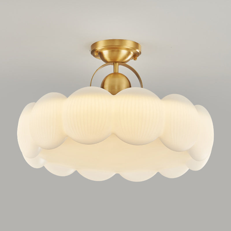 Modern Mid-Century Copper Stainless Steel Acrylic Creamy Round Floral LED Semi-Flush Mount Light For Living Room