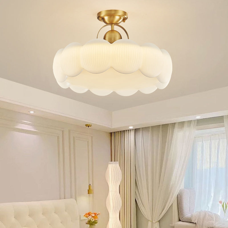 Modern Mid-Century Copper Stainless Steel Acrylic Creamy Round Floral LED Semi-Flush Mount Light For Living Room