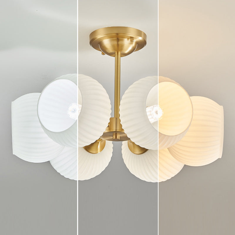 Modern Minimalist All-Copper Glass Striped Globe Shade 4/6-Light Semi-Flush Mount Light For Living Room