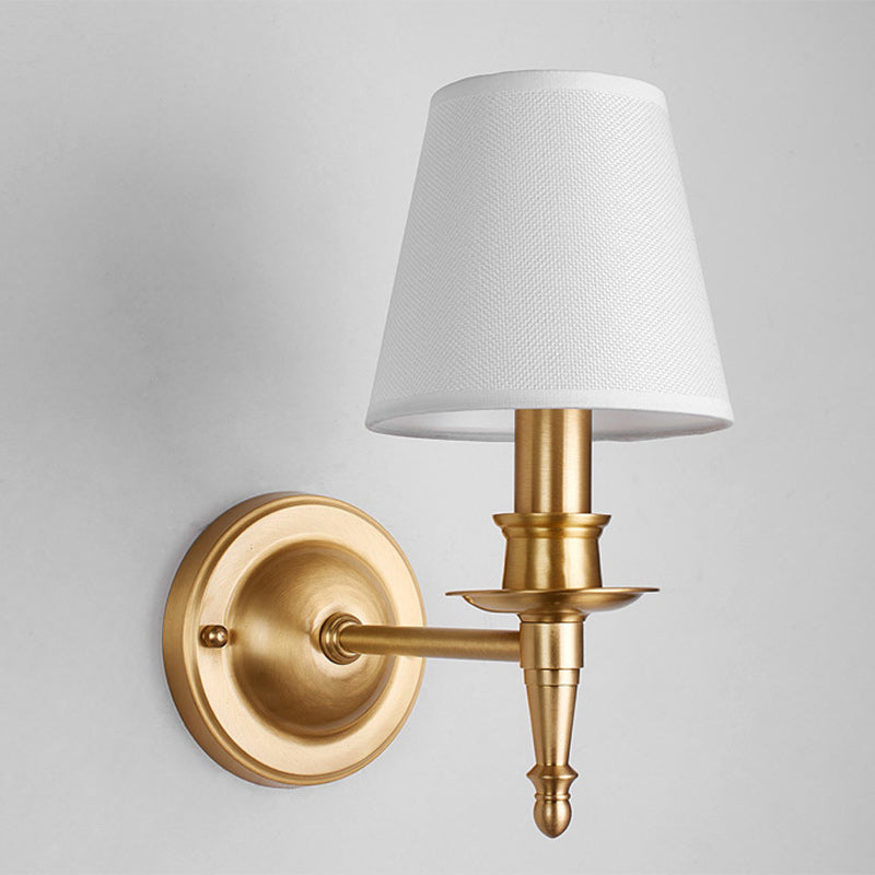 Traditional French Brass & Fabric Round Shade 1-Light Wall Sconce Lamp For Living Room