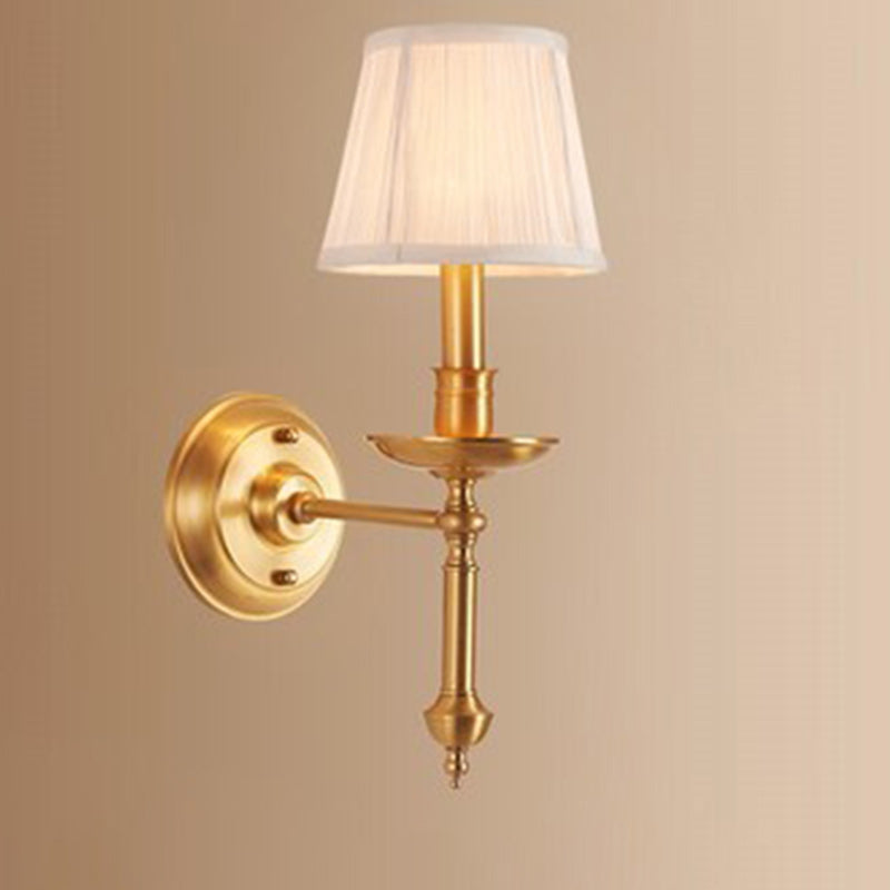 Traditional French Brass & Fabric Round Shade 1-Light Wall Sconce Lamp For Living Room