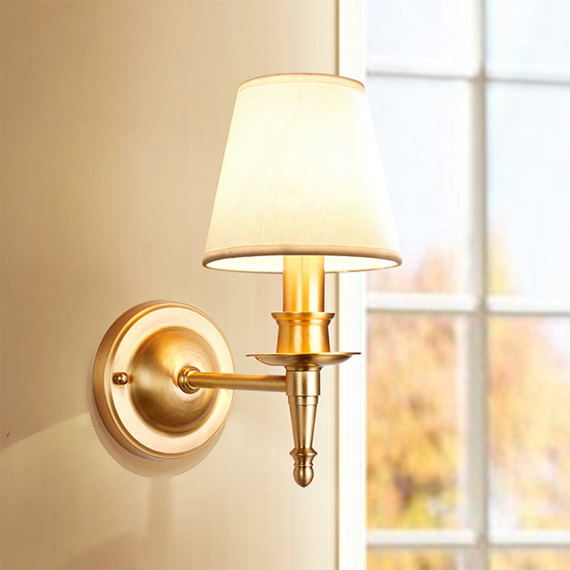 Traditional French Brass & Fabric Round Shade 1-Light Wall Sconce Lamp For Living Room