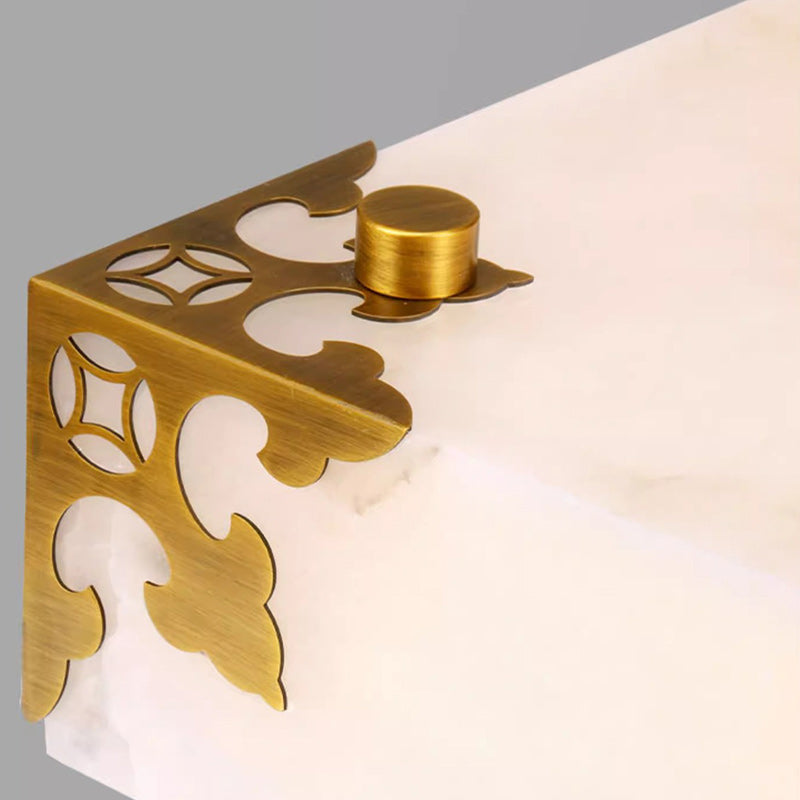 Traditional Chinese Brass & Jade Square LED Flush Mount Ceiling Light For Living Room