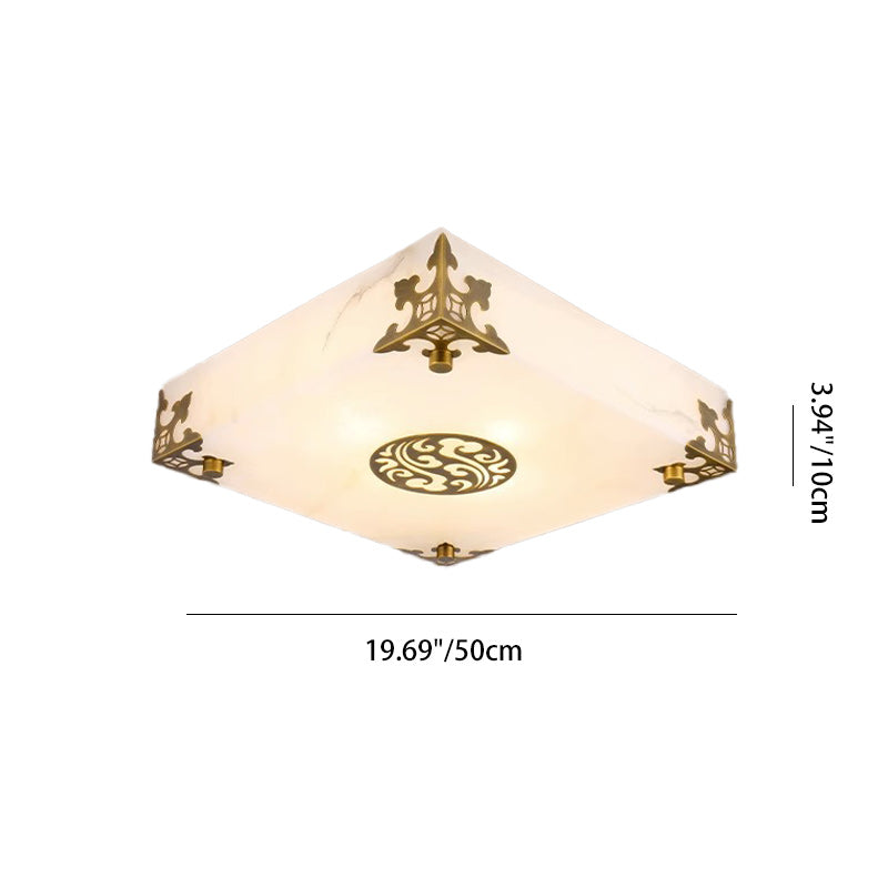 Traditional Chinese Brass & Jade Square LED Flush Mount Ceiling Light For Living Room