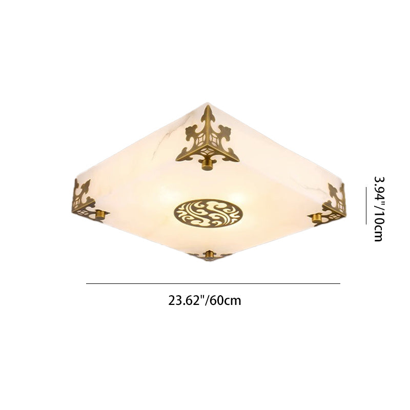 Traditional Chinese Brass & Jade Square LED Flush Mount Ceiling Light For Living Room